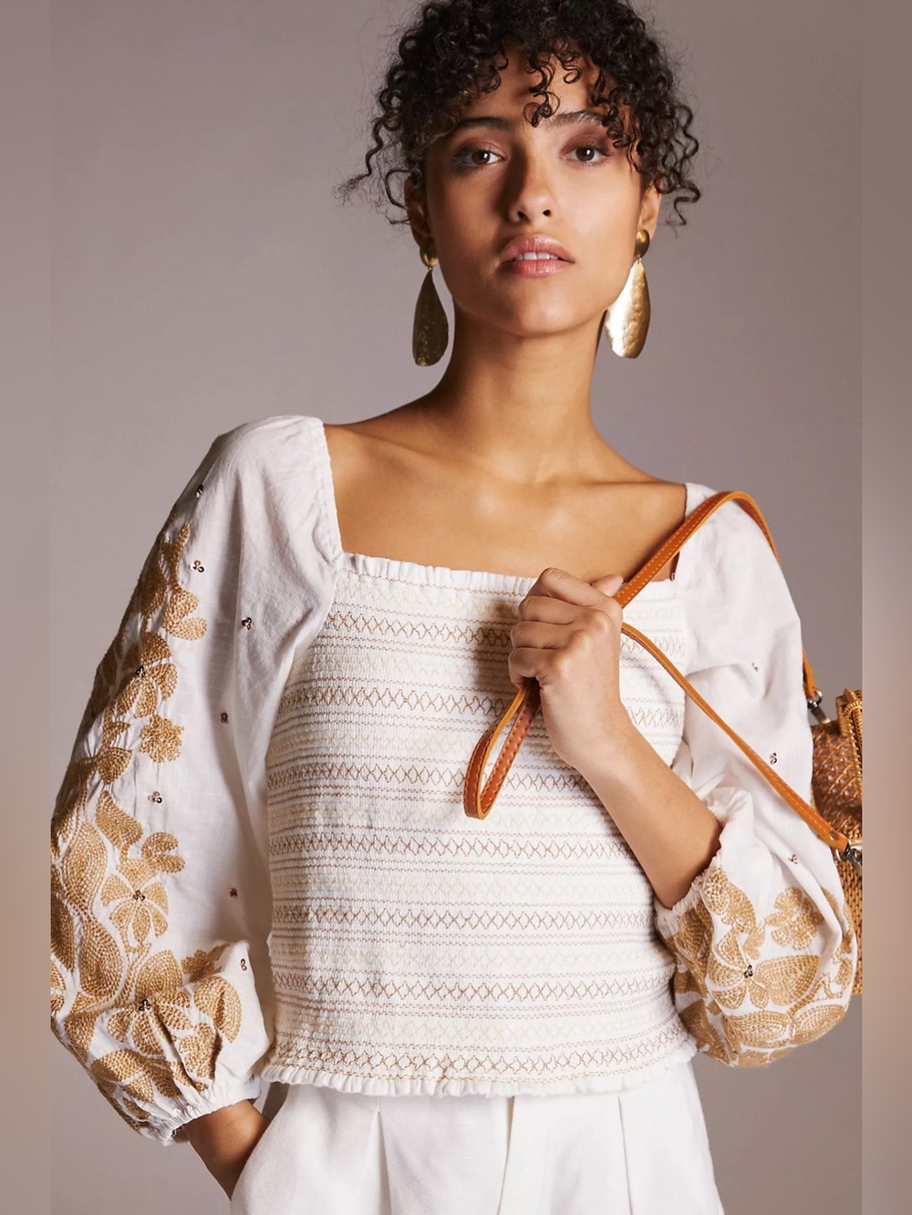 Anthropologie Embroidered Smocked Puff Sleeve Crop Top Ivory Gold Floral 2X